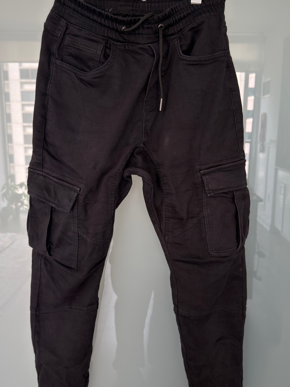 Men's Black Cargo Chinos with Drawstring Waist